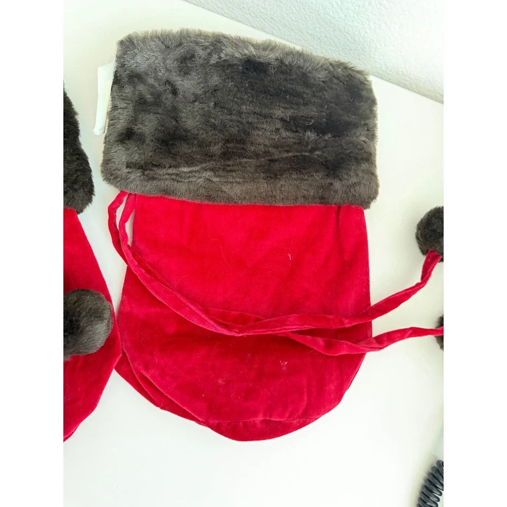 Pottery Barn Red Velvet Faux Fur Wine Gift Bags Set of 2 Holiday Pom Poms NWT